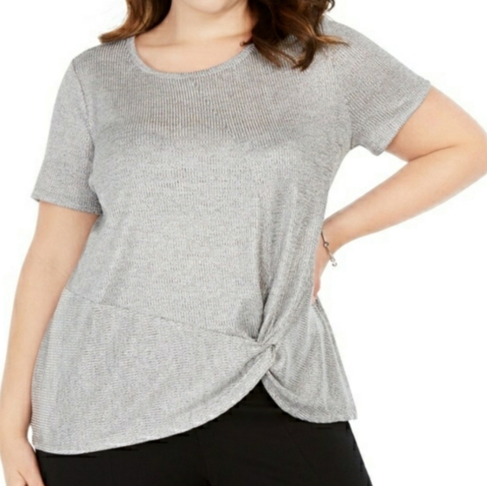 INC Plus Size Festive Feminine Silver Shimmer Twist Front Top Blouse 0X